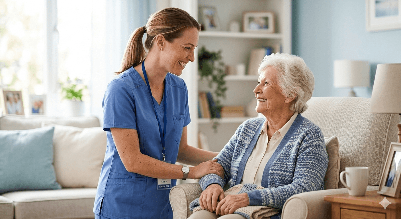 Elderly person smiling with a caregiver